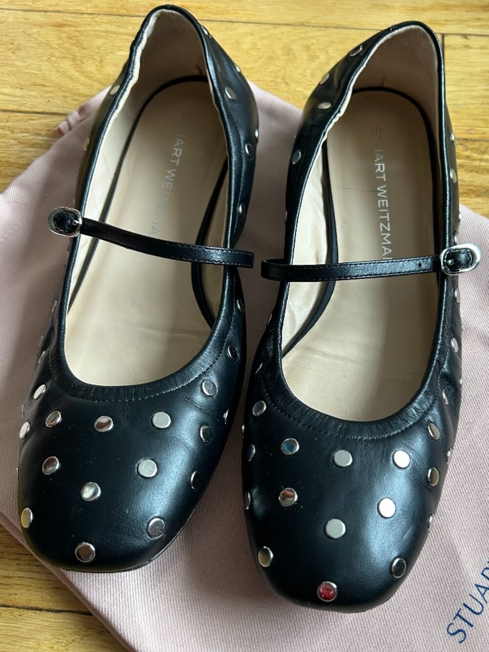 Stuart Weitzman Claris Black Studded Ballet Flat Mary Jane Shoes Size10B